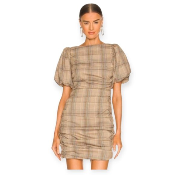 Revolve Majorelle tan plaid puff sleeve lace-up Darlene Mini Dress size S EUC - Picture 2 of 12